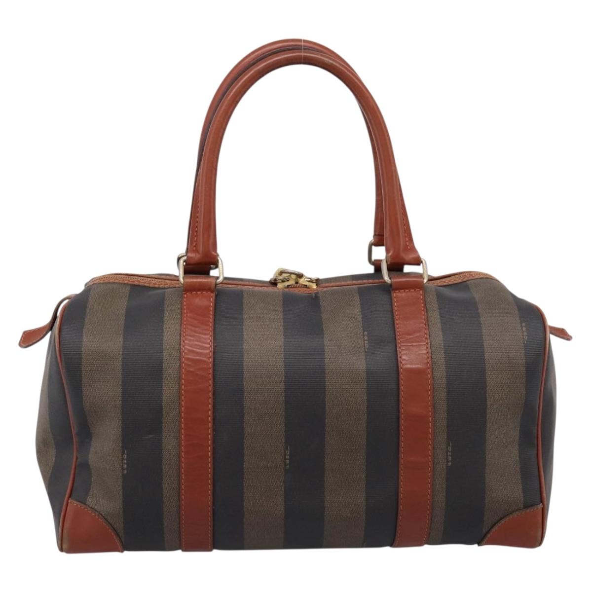 FENDI Pecan Canvas Boston Bag PVC Black Brown Auth 197655