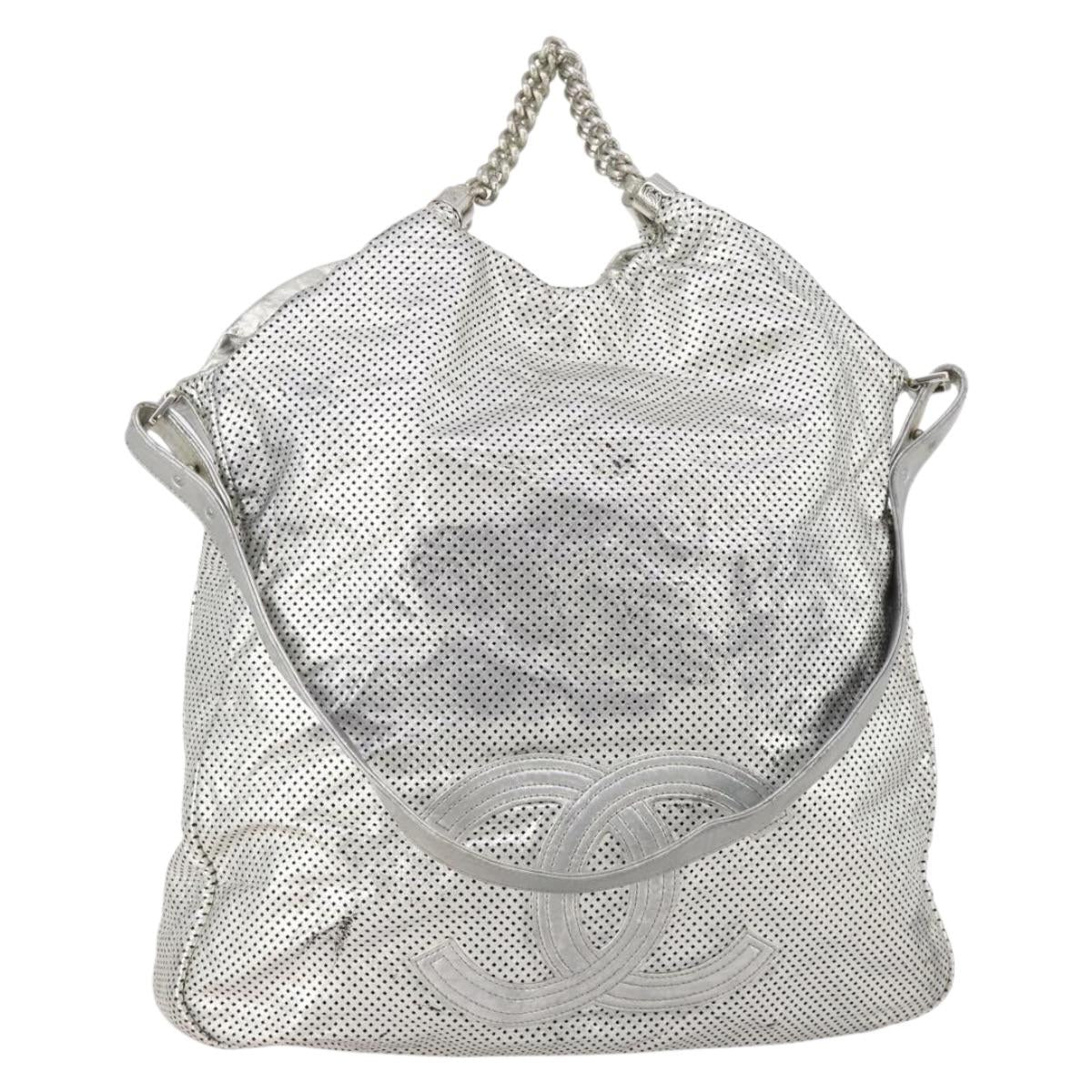 CHANEL COCO Mark Punching Shoulder Bag Leather 2way Silver CC Auth 197660