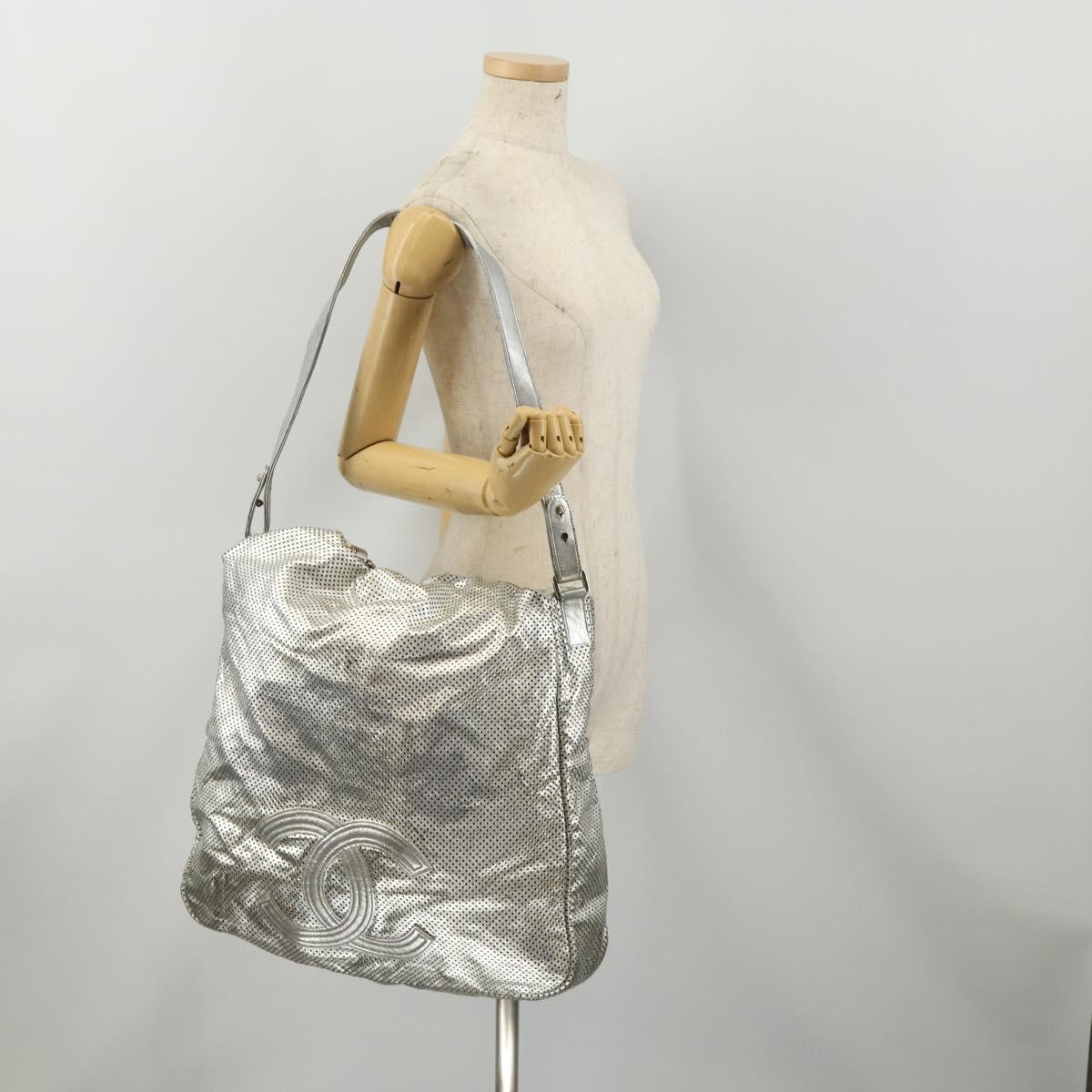 CHANEL COCO Mark Punching Shoulder Bag Leather 2way Silver CC Auth 197660