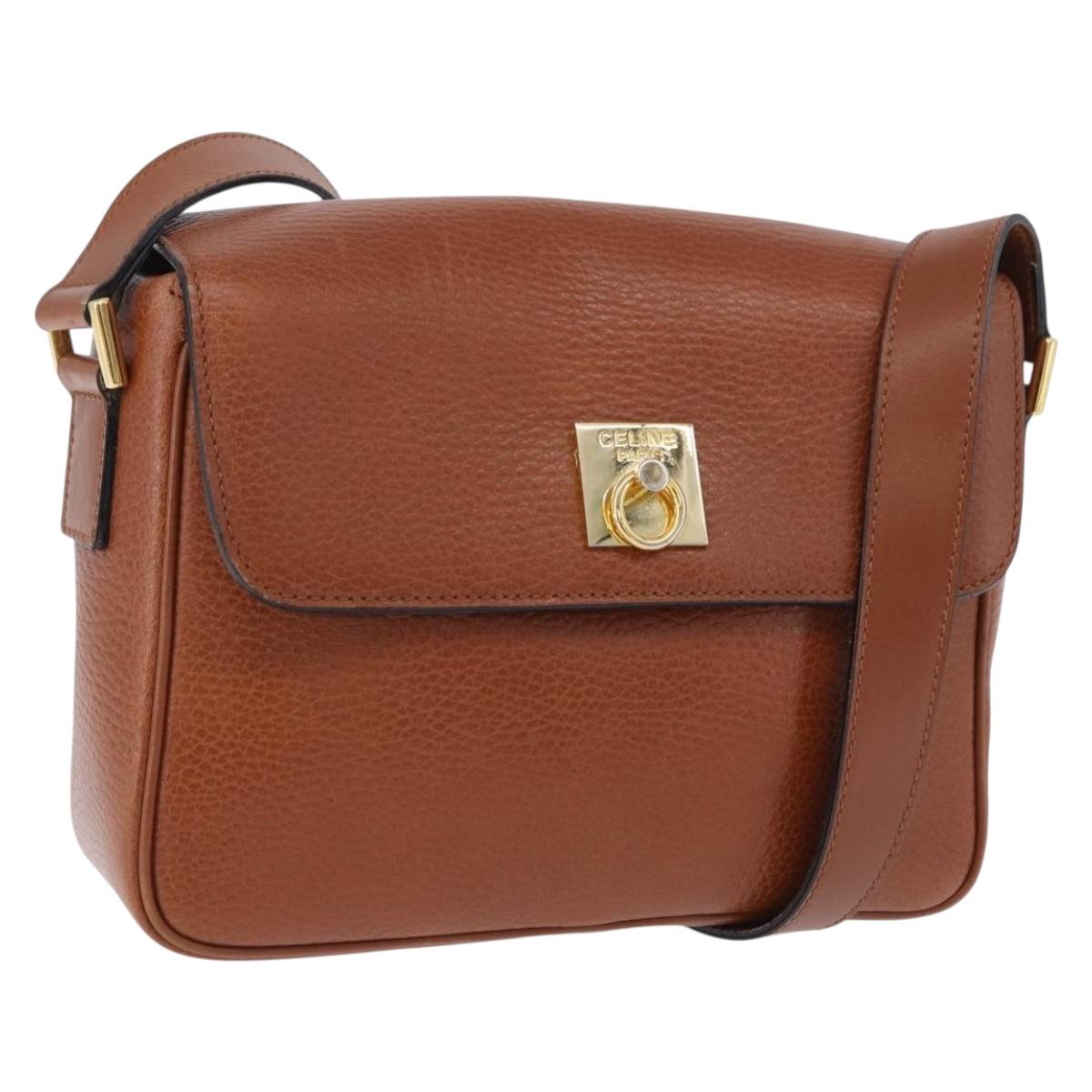 CELINE Shoulder Bag Leather Brown Gold Auth 197663V