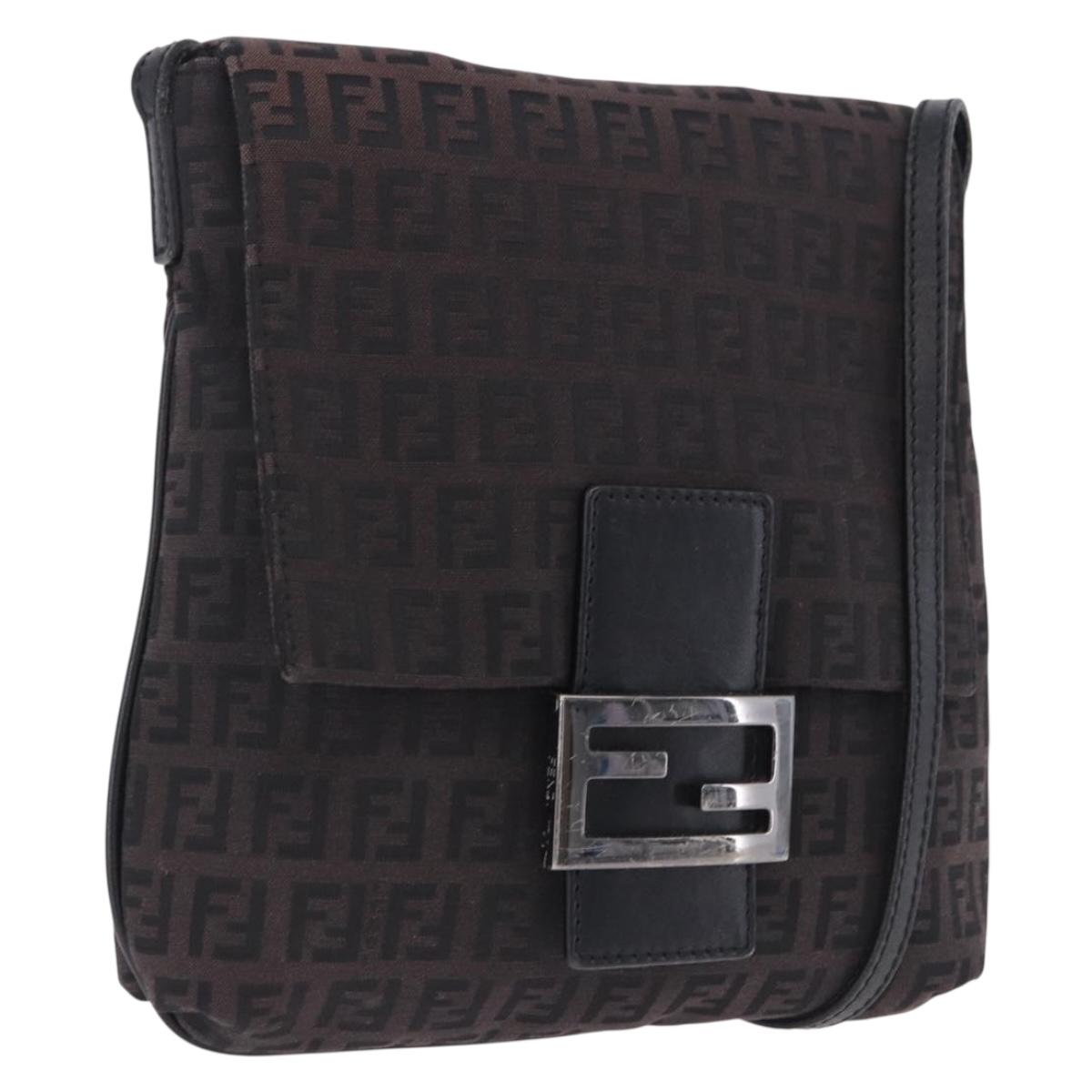 FENDI Zucchino Canvas Shoulder Bag Black Silver Auth 197666