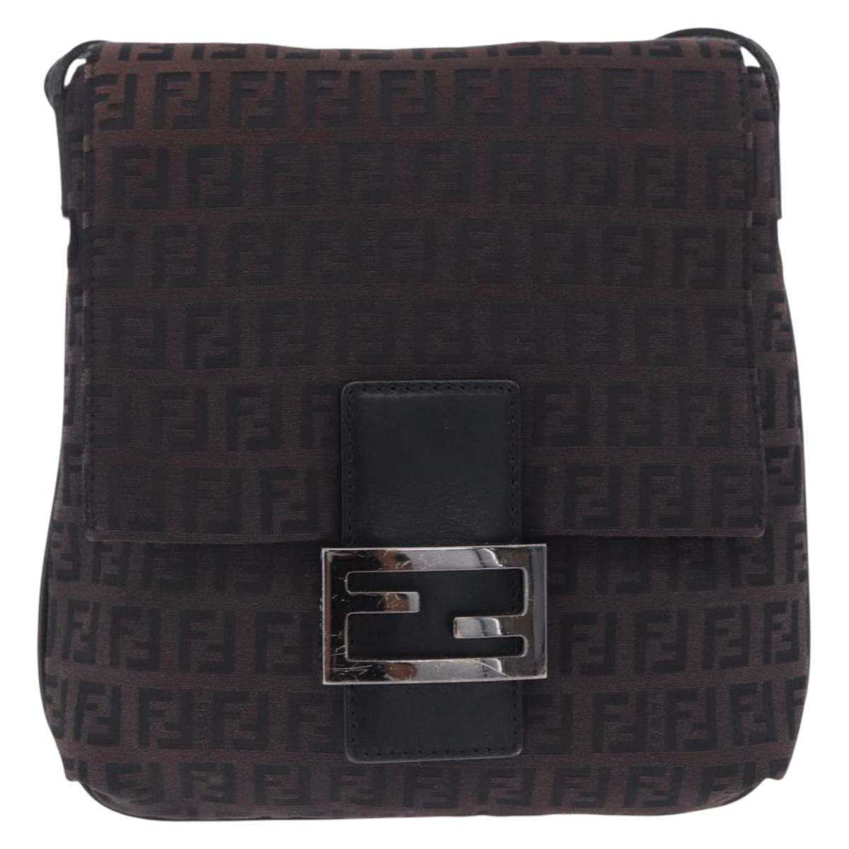 FENDI Zucchino Canvas Shoulder Bag Black Silver Auth 197666