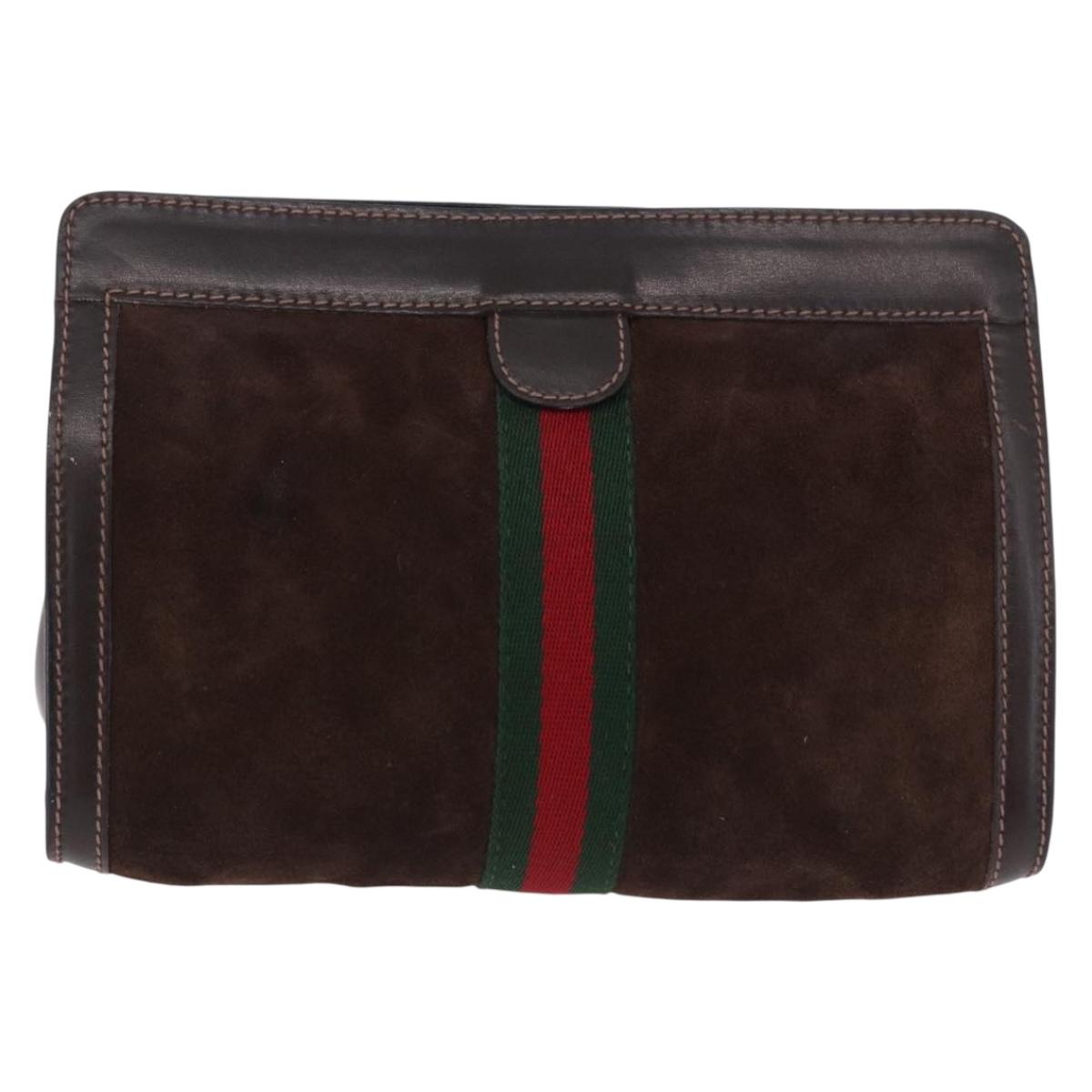 GUCCI Web Sherry Line Clutch Bag Suede Brown 67 014 2126 Auth 197682