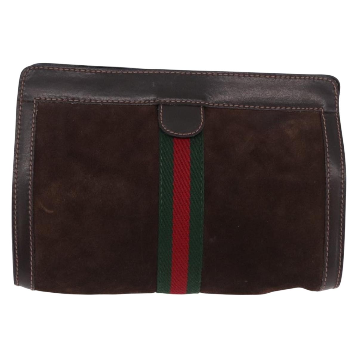 GUCCI Web Sherry Line Clutch Bag Suede Brown 67 014 2126 Auth 197682