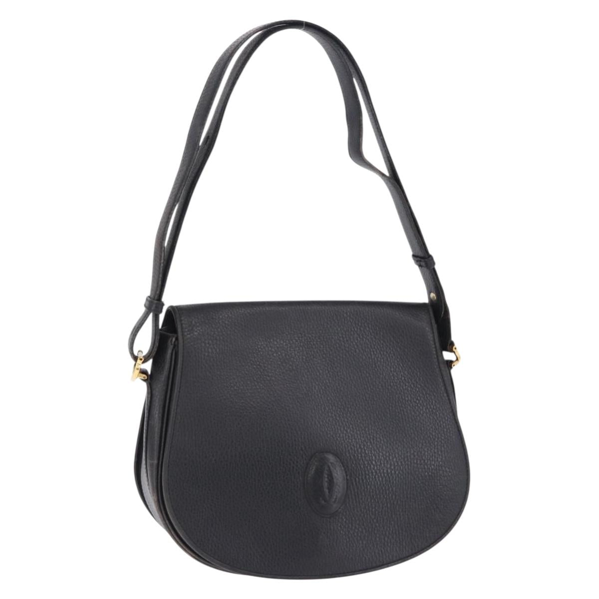 CARTIER Shoulder Bag Leather Black Gold Auth 197686