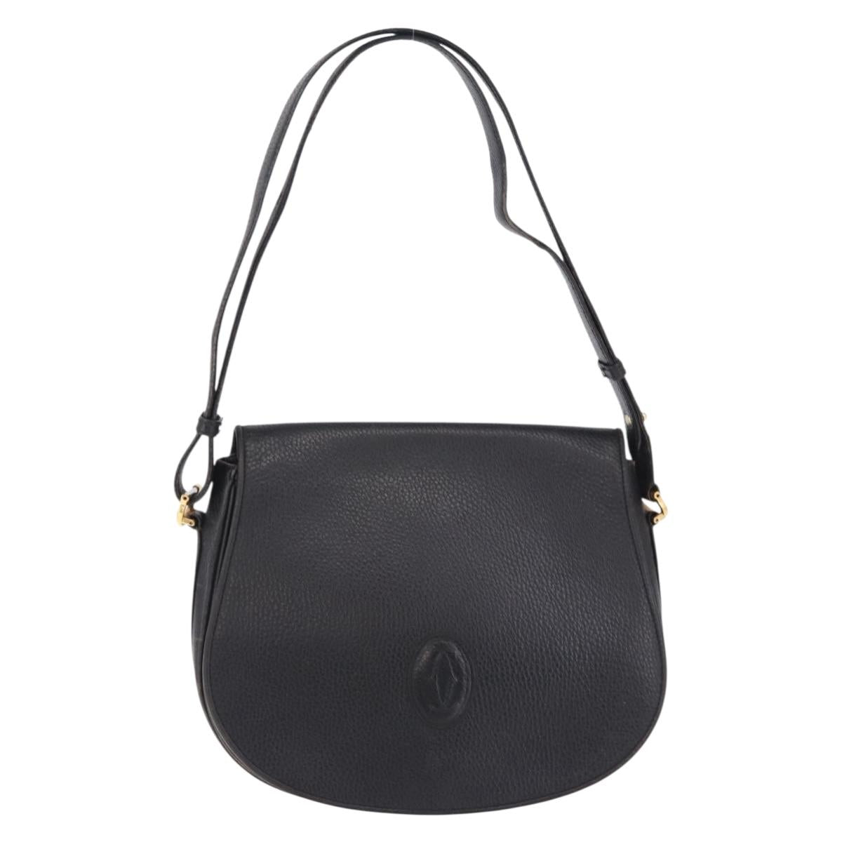 CARTIER Shoulder Bag Leather Black Gold Auth 197686