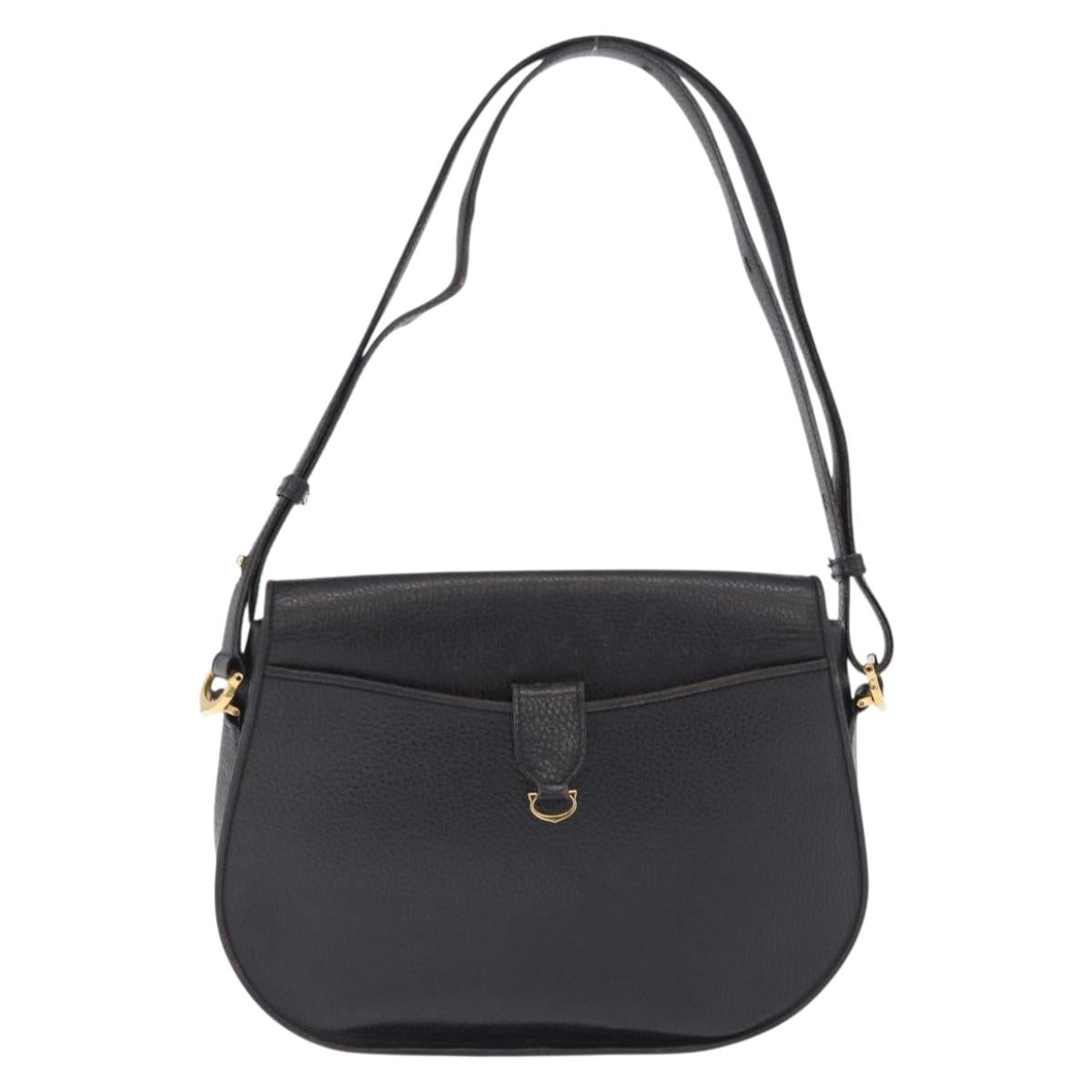 CARTIER Shoulder Bag Leather Black Gold Auth 197686