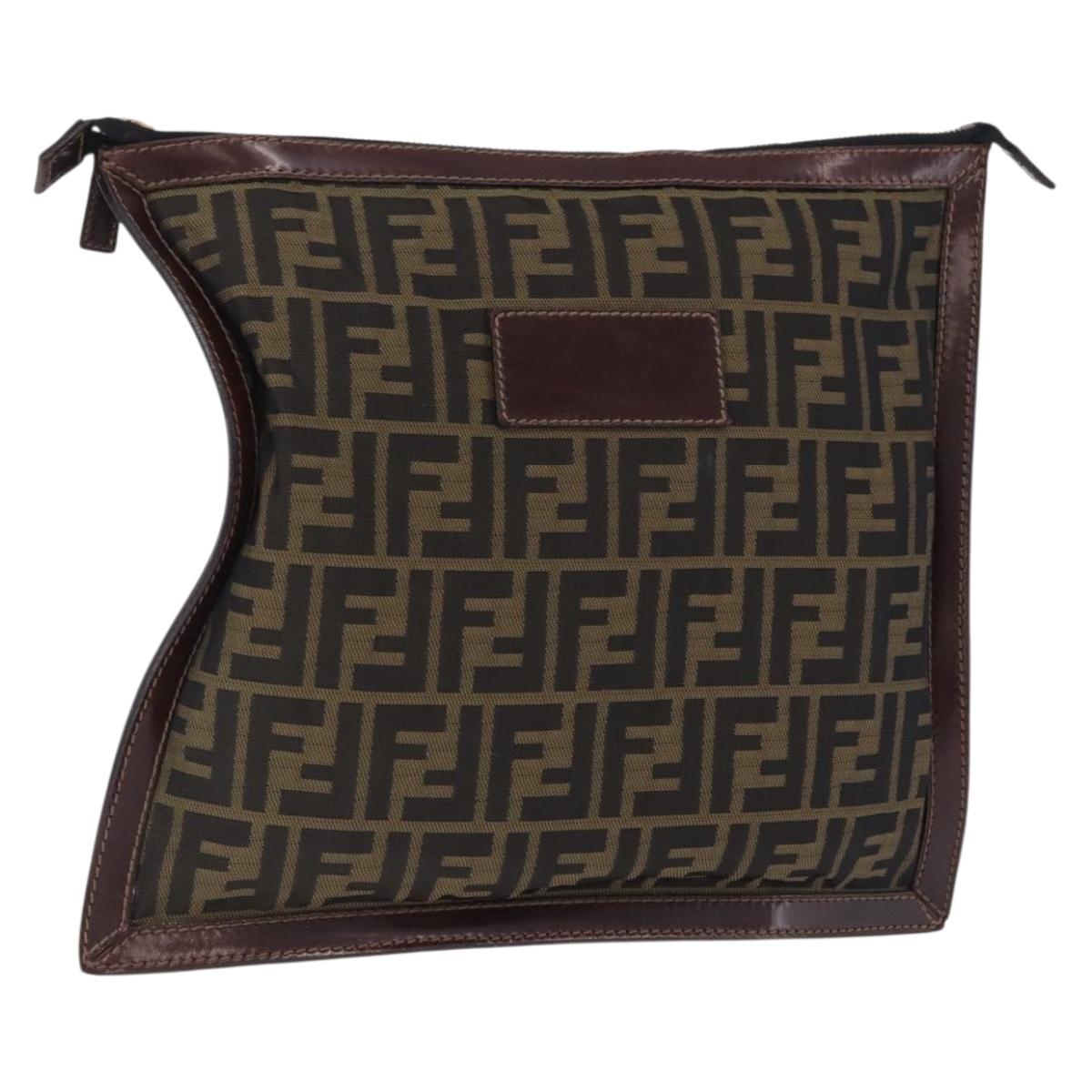 FENDI Zucca Canvas Pouch Black Brown Auth 197691