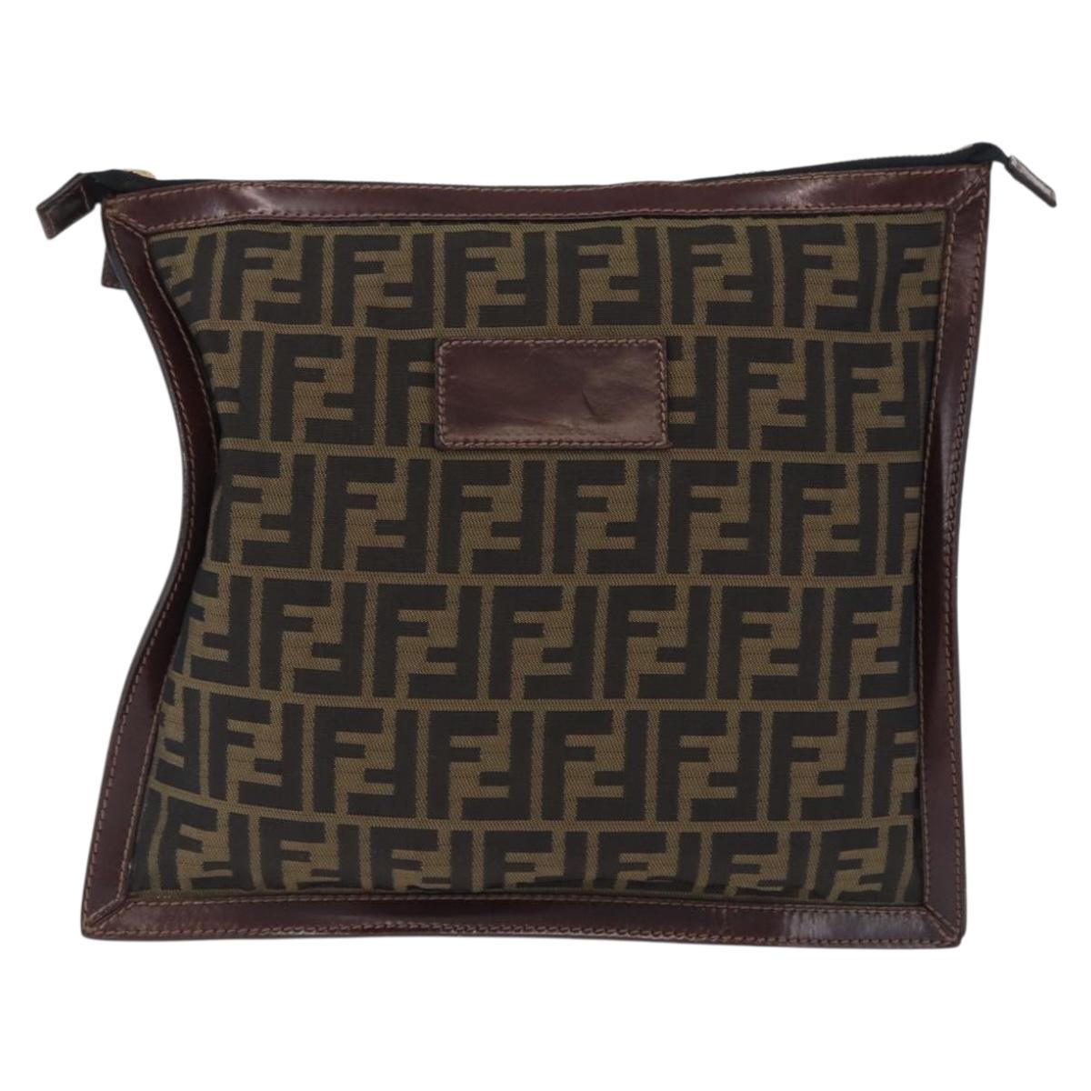 FENDI Zucca Canvas Pouch Black Brown Auth 197691
