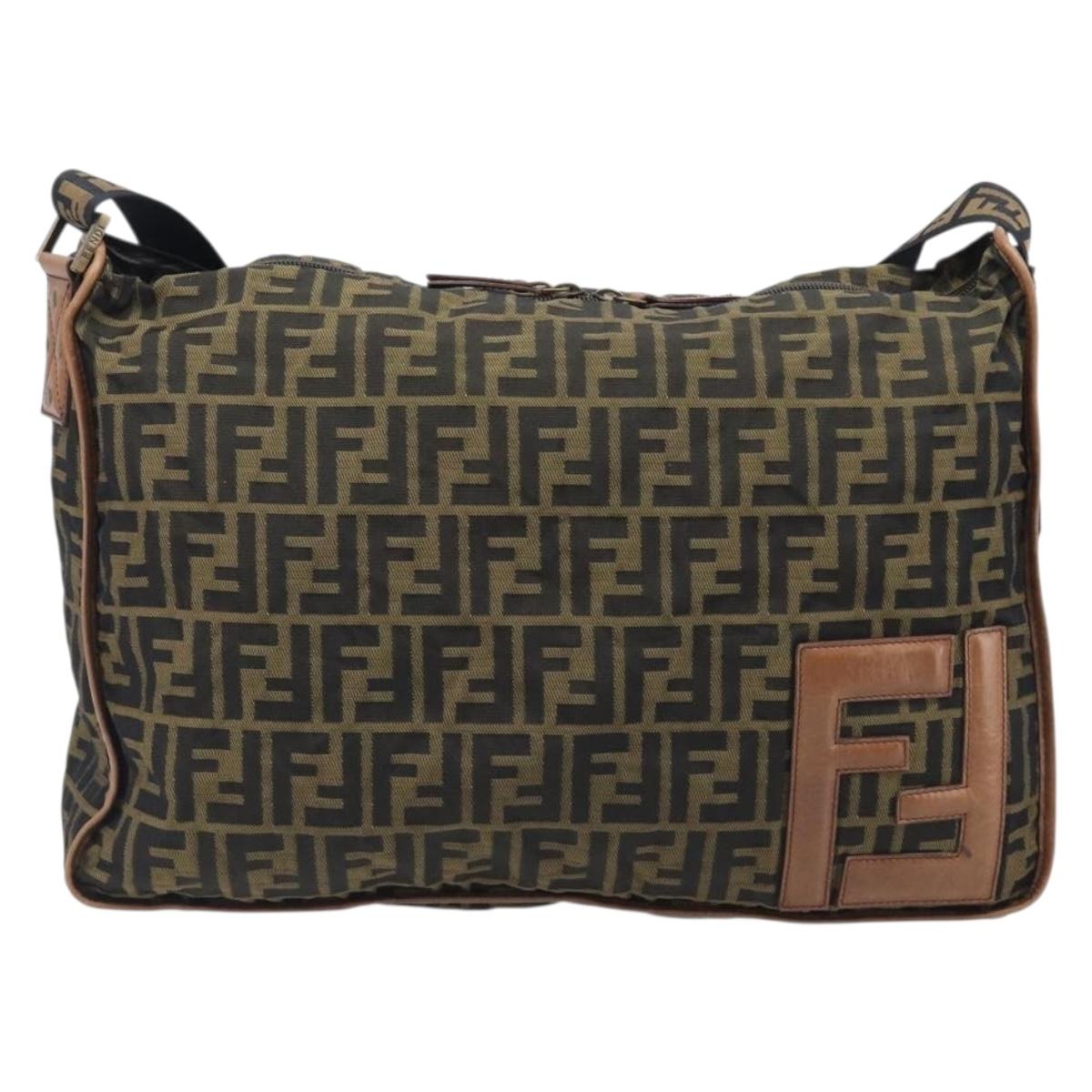 FENDI Zucca Canvas Shoulder Bag Brown Black Auth 197699