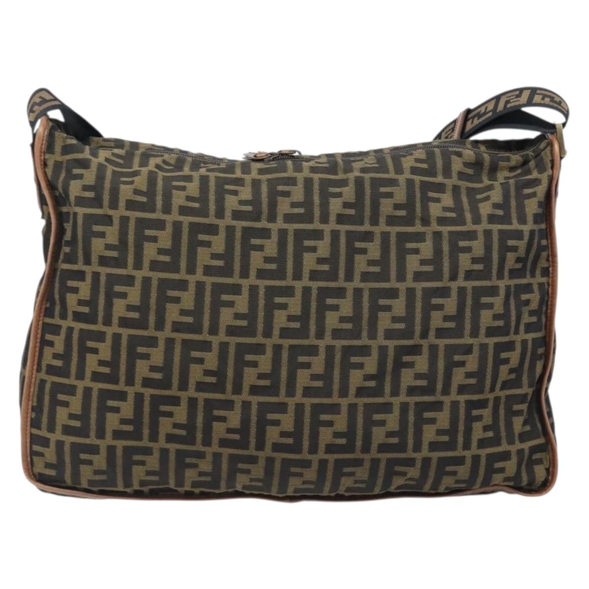FENDI Zucca Canvas Shoulder Bag Brown Black Auth 197699