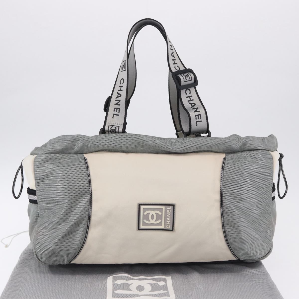 CHANEL Sports Line Boston Bag Canvas White Silver CC Auth 197702V