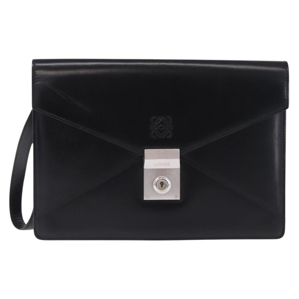 LOEWE Clutch Bag Leather Black Silver Auth 197703
