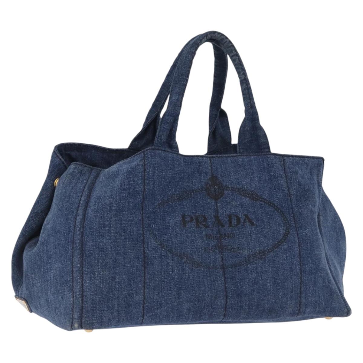 PRADA Canapa GM Hand Bag Denim Blue Gold Auth 197708