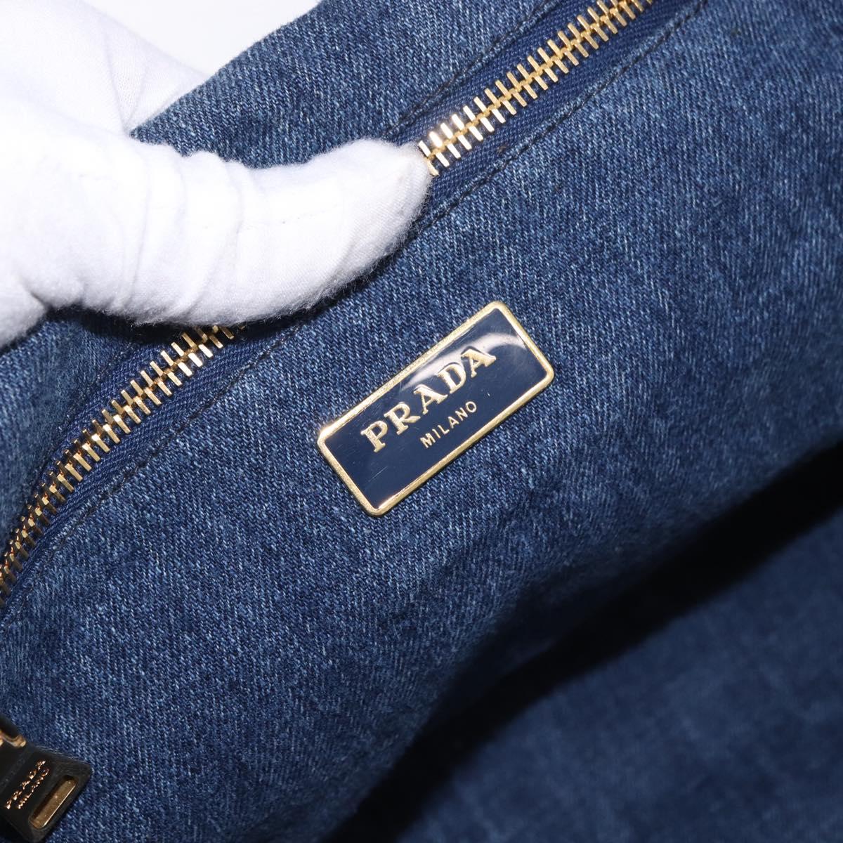 PRADA Canapa GM Hand Bag Denim Blue Gold Auth 197708