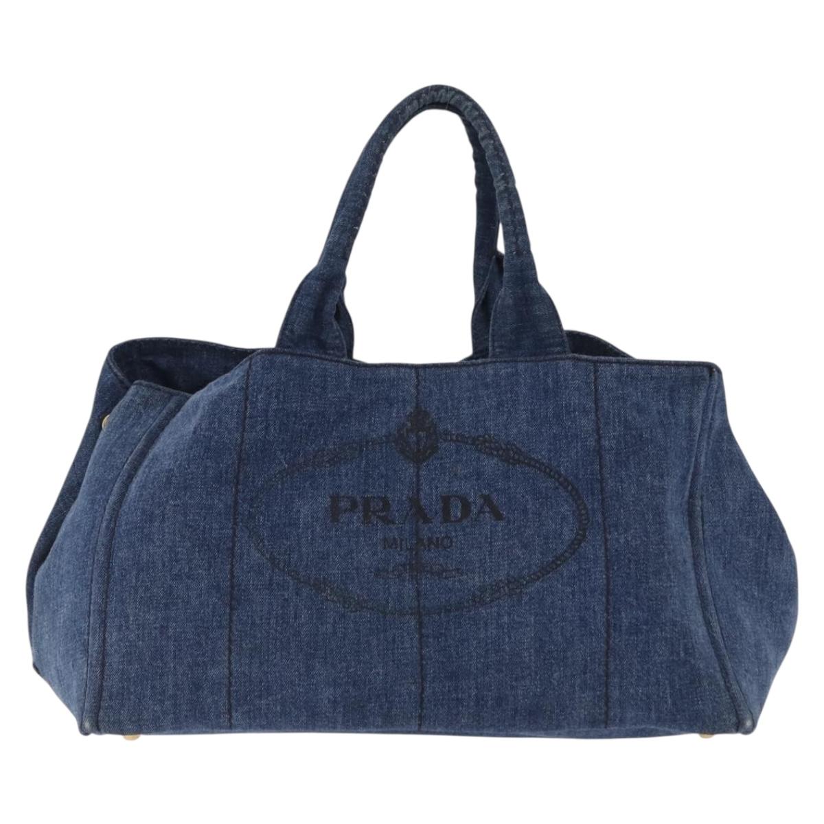 PRADA Canapa GM Hand Bag Denim Blue Gold Auth 197708