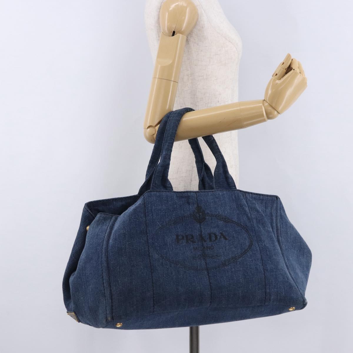 PRADA Canapa GM Hand Bag Denim Blue Gold Auth 197708
