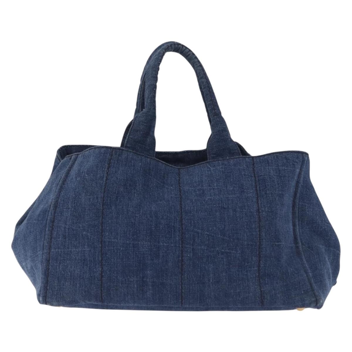 PRADA Canapa GM Hand Bag Denim Blue Gold Auth 197708