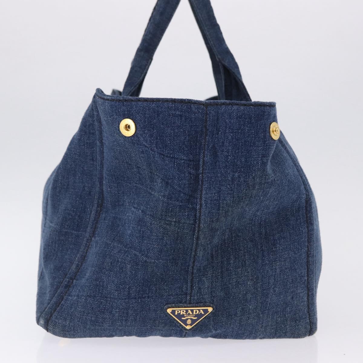 PRADA Canapa GM Hand Bag Denim Blue Gold Auth 197708