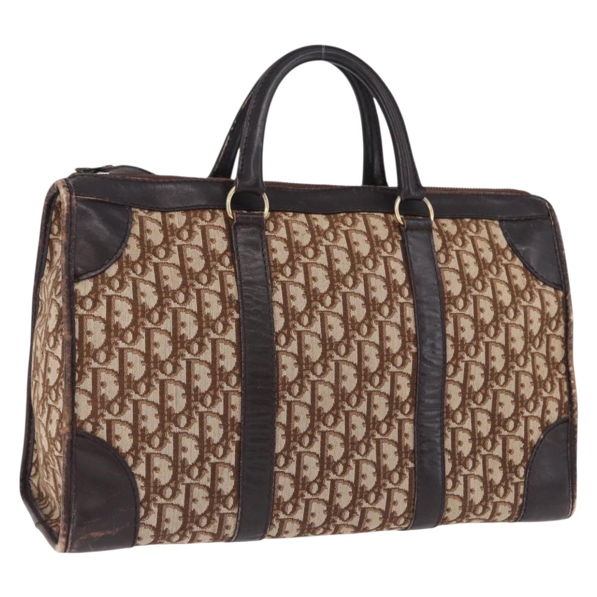 Christian Dior Trotter Canvas Boston Bag Beige Gold Auth 197709