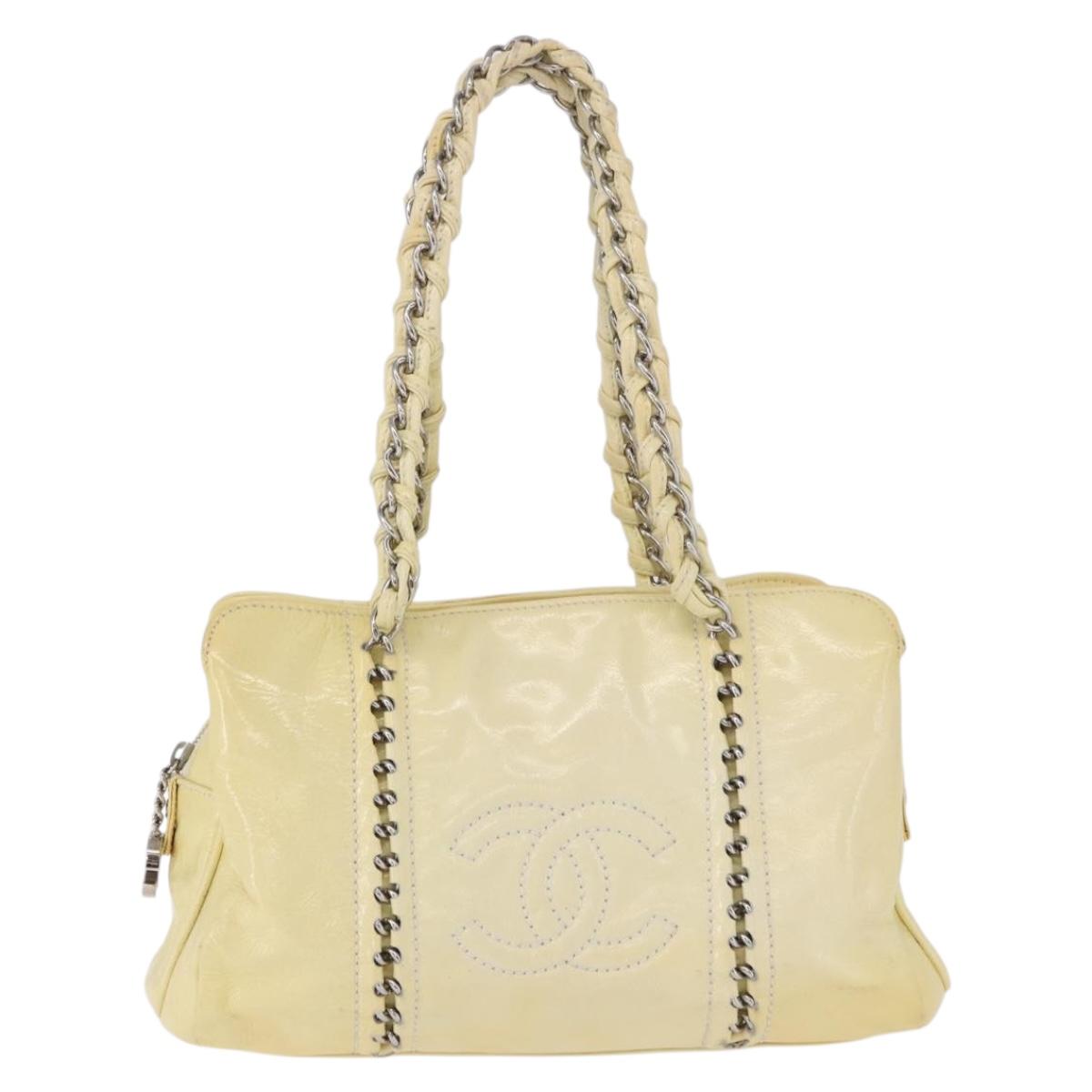 CHANEL COCO Mark Chain Hand Bag Patent Leather Yellow Silver CC Auth 197714