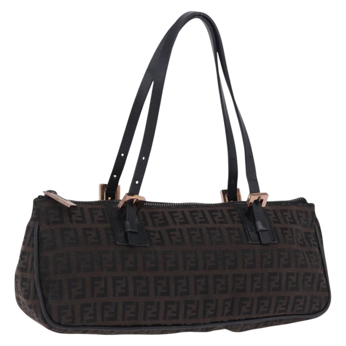 FENDI Zucchino Canvas Hand Bag Dark Brown Auth 197721A