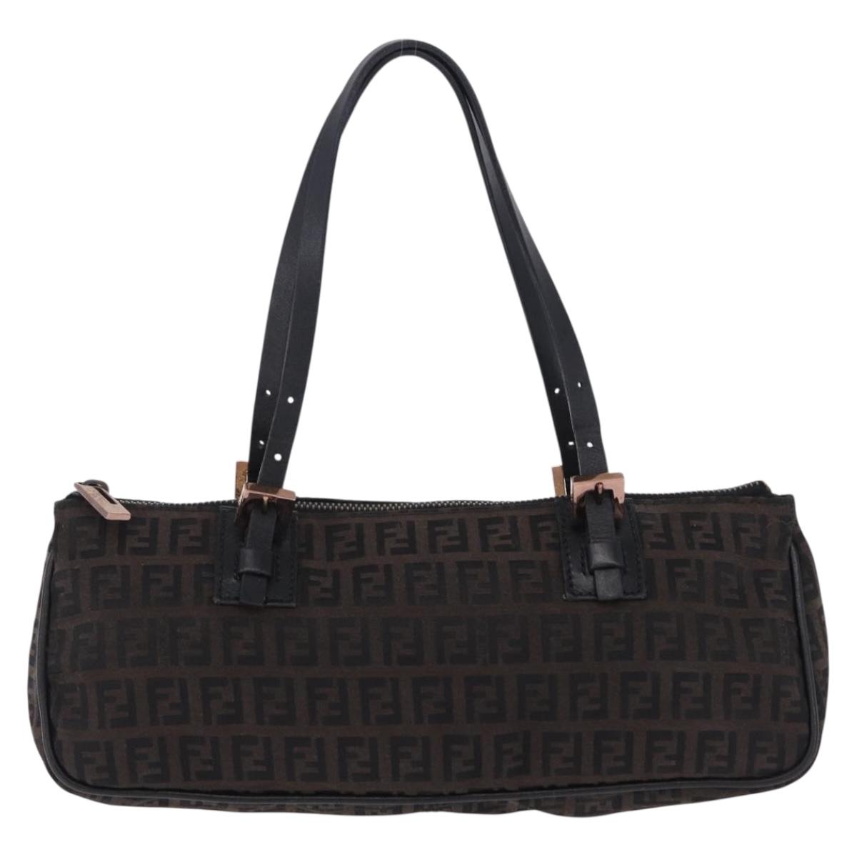 FENDI Zucchino Canvas Hand Bag Dark Brown Auth 197721A