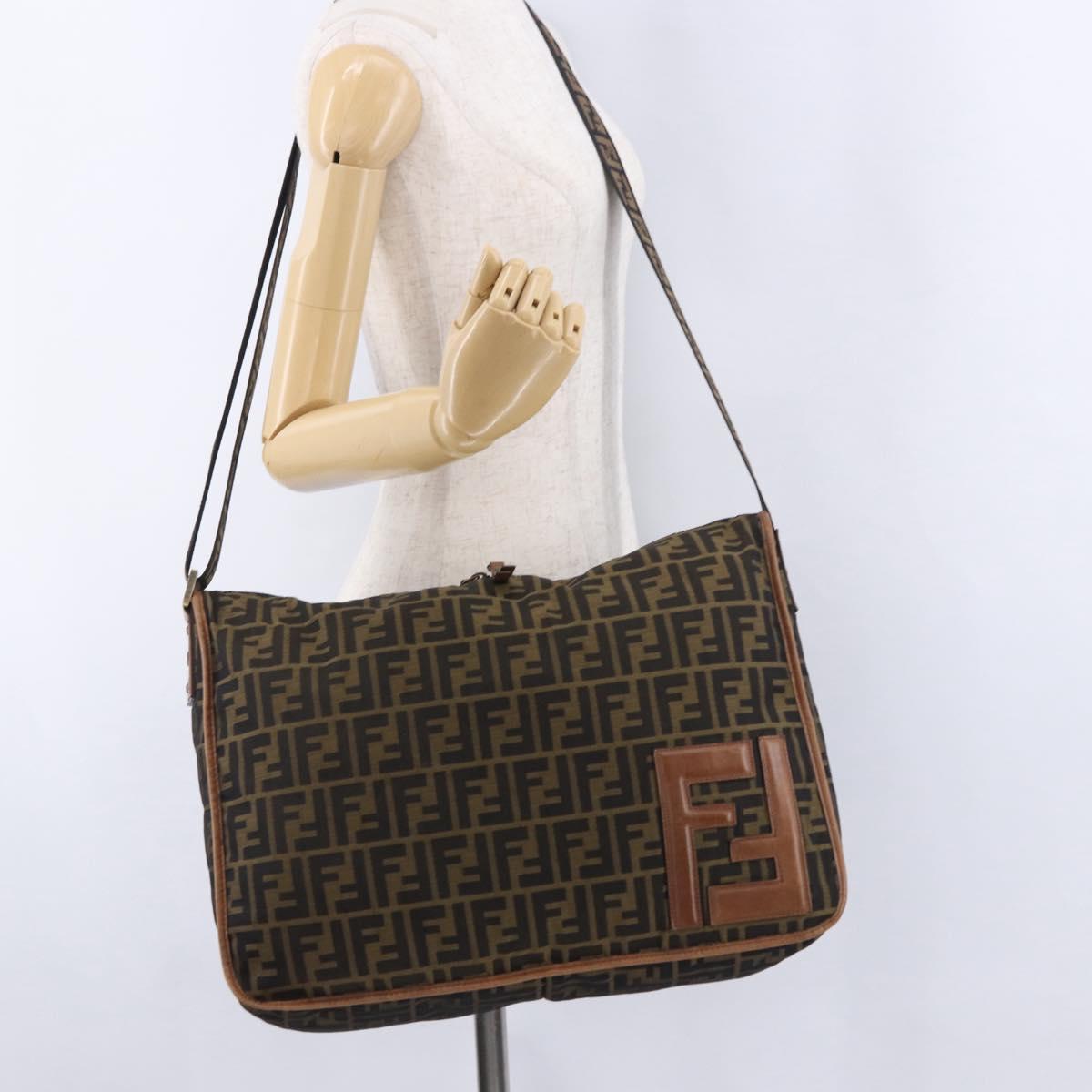 FENDI Zucca Canvas Shoulder Bag Black Brown Auth 197722A
