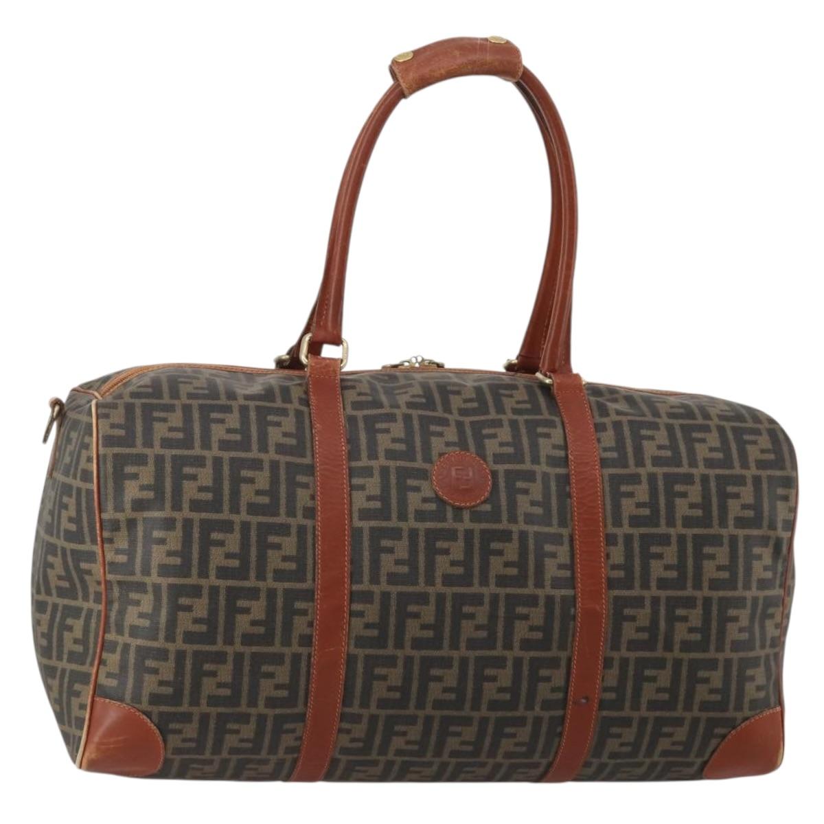 FENDI Zucca Canvas Boston Bag PVC Brown Black Auth 197724