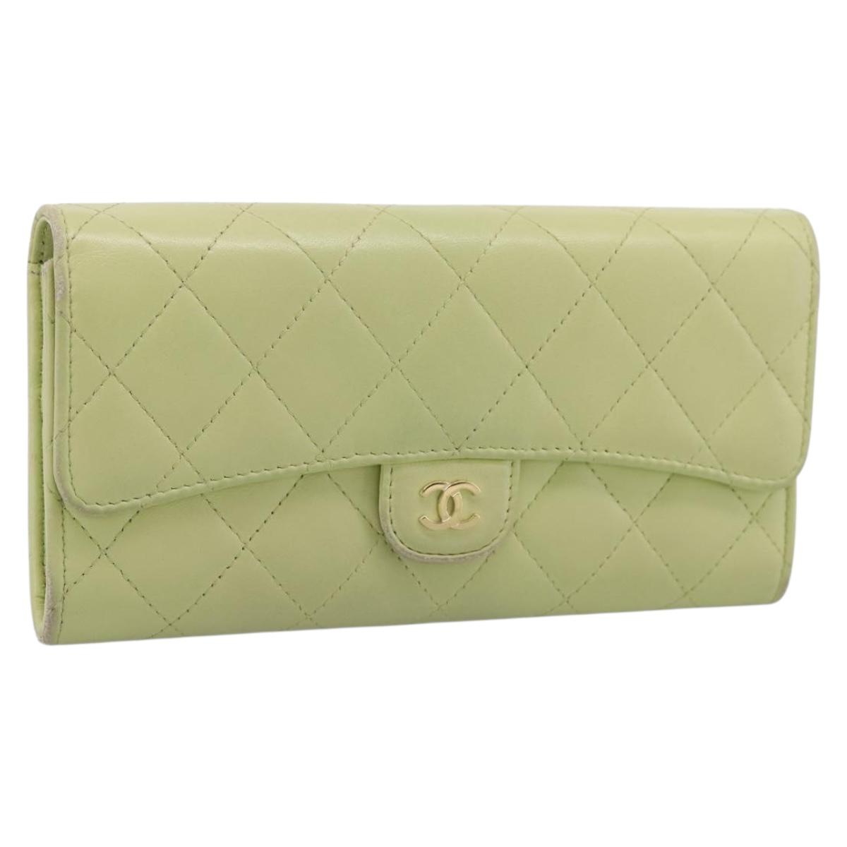 CHANEL Matelasse Long Wallet Lamb Skin Green Gold CC Auth 197728