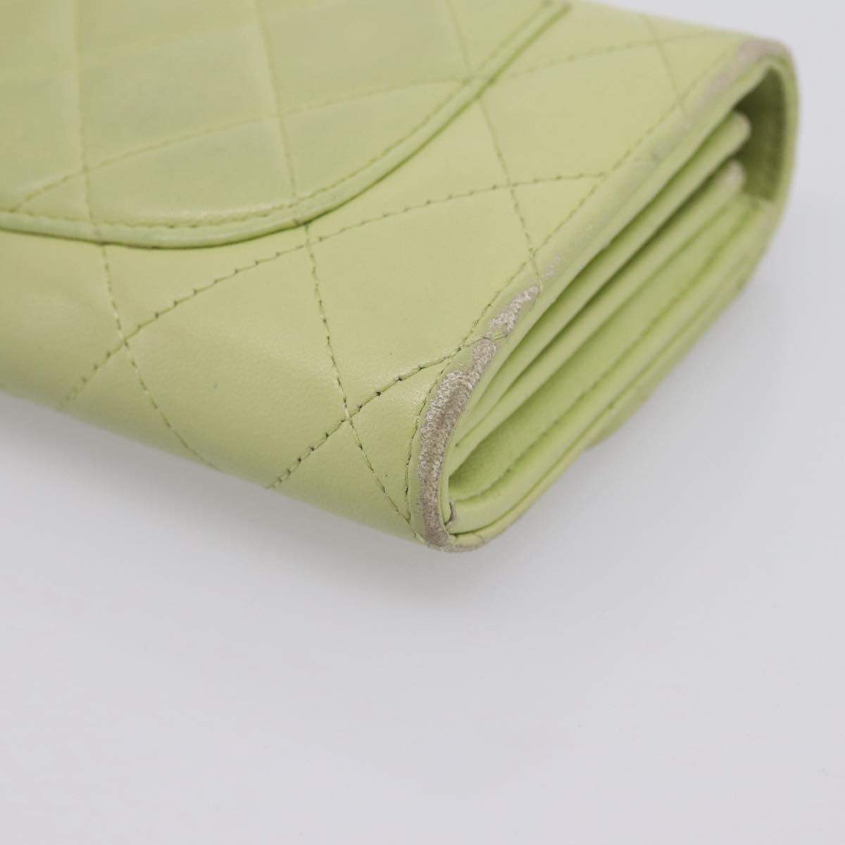 CHANEL Matelasse Long Wallet Lamb Skin Green Gold CC Auth 197728