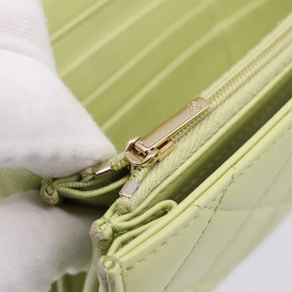 CHANEL Matelasse Long Wallet Lamb Skin Green Gold CC Auth 197728