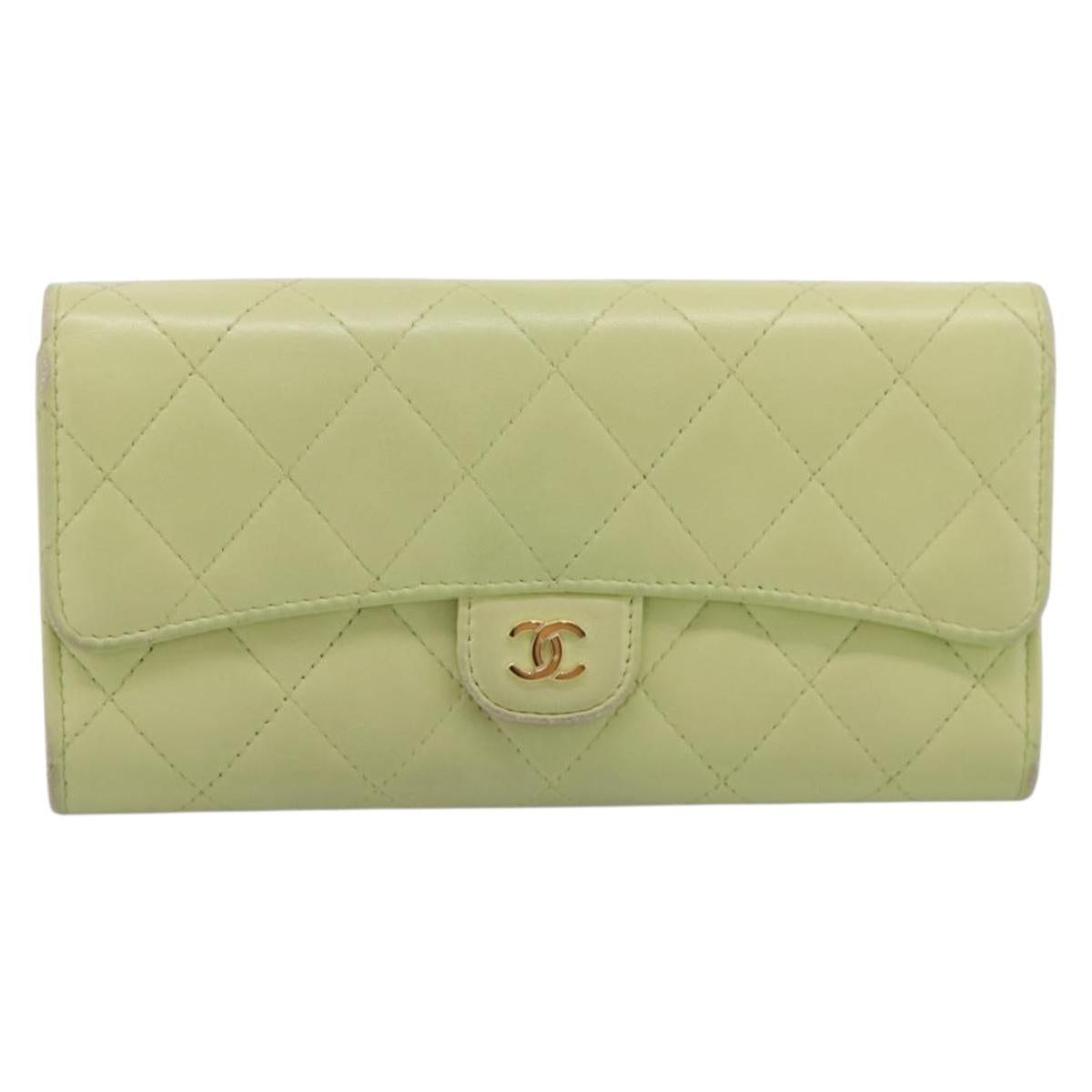 CHANEL Matelasse Long Wallet Lamb Skin Green Gold CC Auth 197728