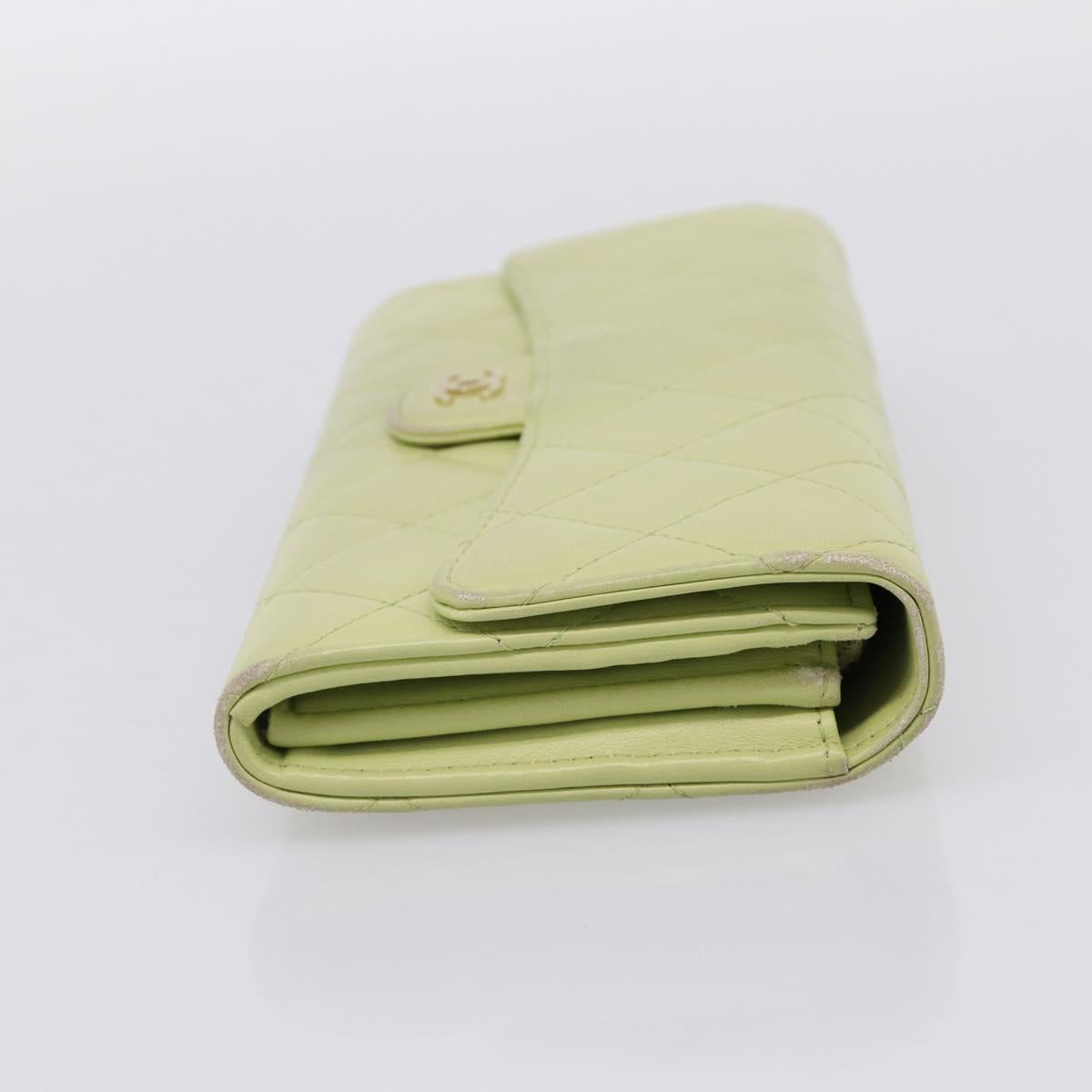 CHANEL Matelasse Long Wallet Lamb Skin Green Gold CC Auth 197728