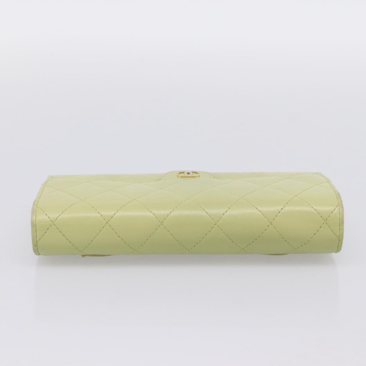 CHANEL Matelasse Long Wallet Lamb Skin Green Gold CC Auth 197728
