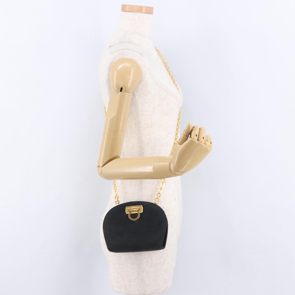 Salvatore Ferragamo Gancini Chain Shoulder Bag Suede Black Gold Auth 197729
