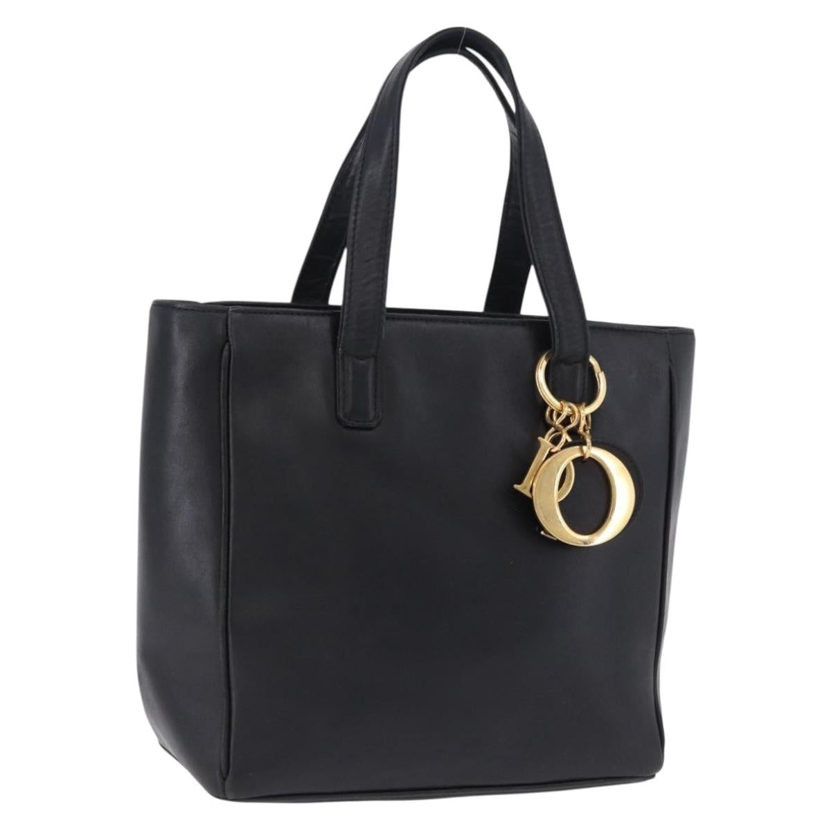Christian Dior Hand Bag Leather Black Gold Auth 197734