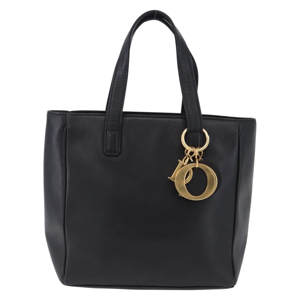 Christian Dior Hand Bag Leather Black Gold Auth 197734