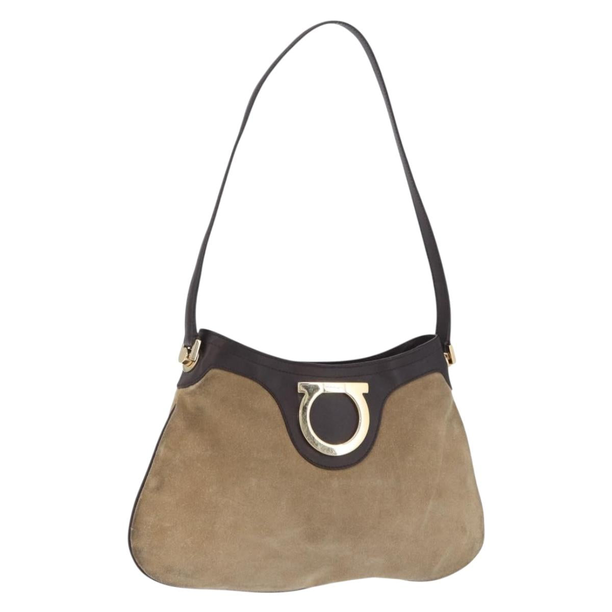 Salvatore Ferragamo Gancini Hand Bag Suede Beige Gold Auth 197740A
