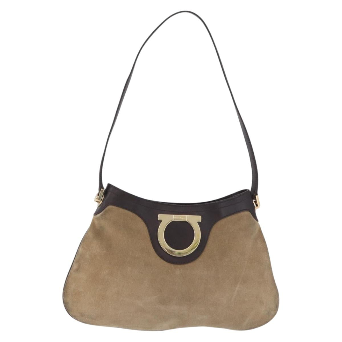 Salvatore Ferragamo Gancini Hand Bag Suede Beige Gold Auth 197740A