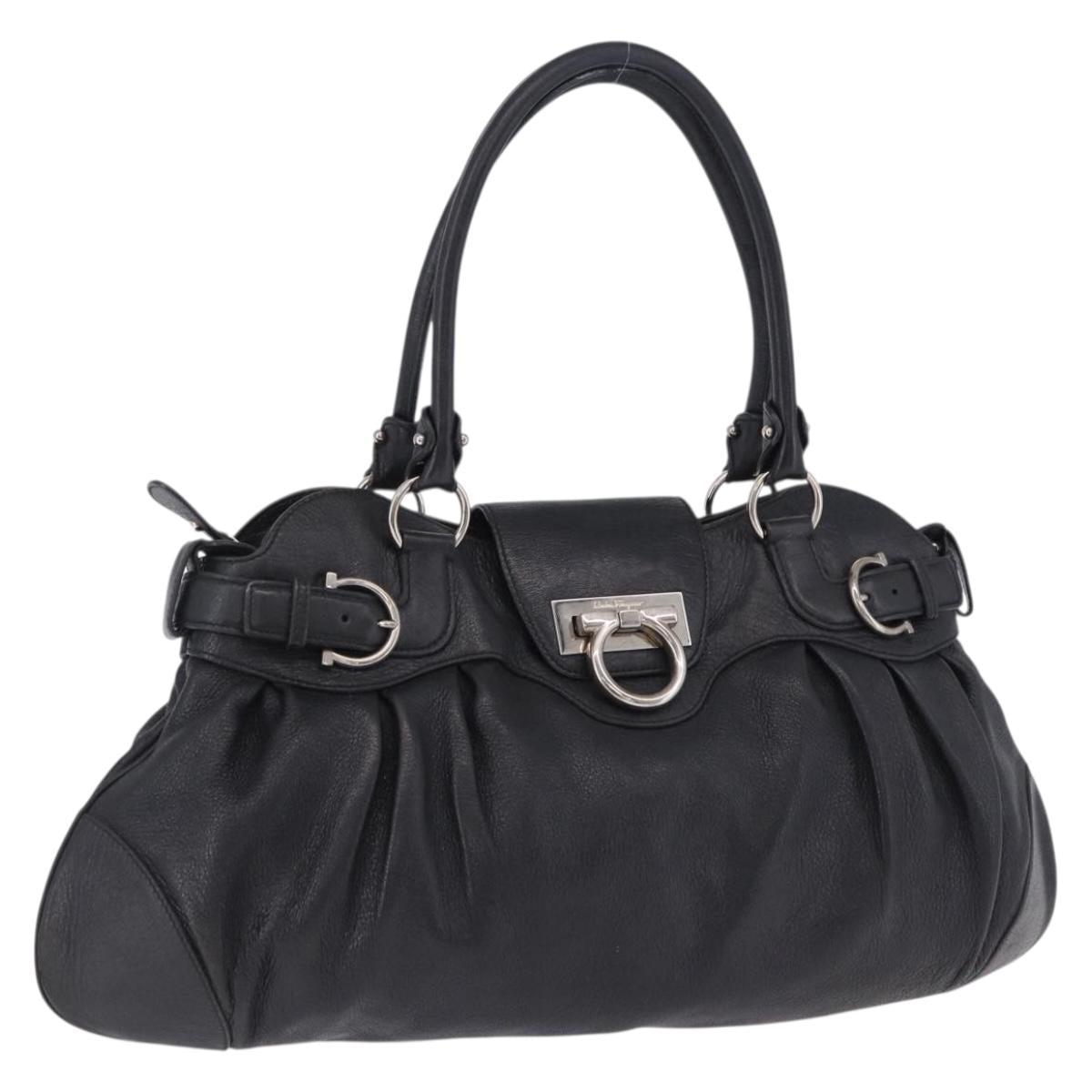 Salvatore Ferragamo Gancini Hand Bag Leather Black Silver Auth 197742A
