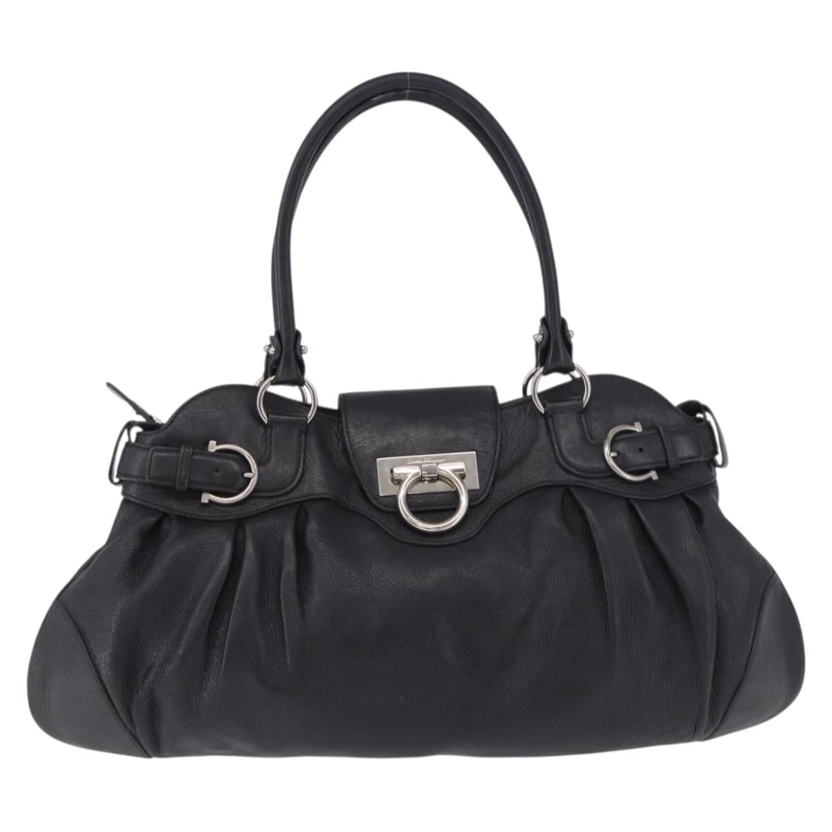 Salvatore Ferragamo Gancini Hand Bag Leather Black Silver Auth 197742A