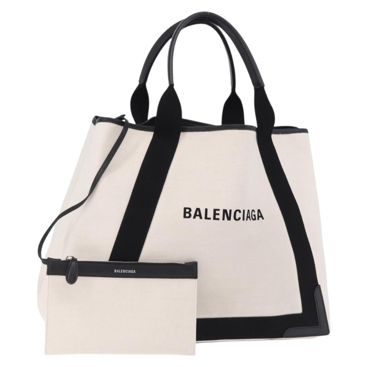 BALENCIAGA Navy Cabas M Hand Bag Canvas White Black 339936 Auth 197751V