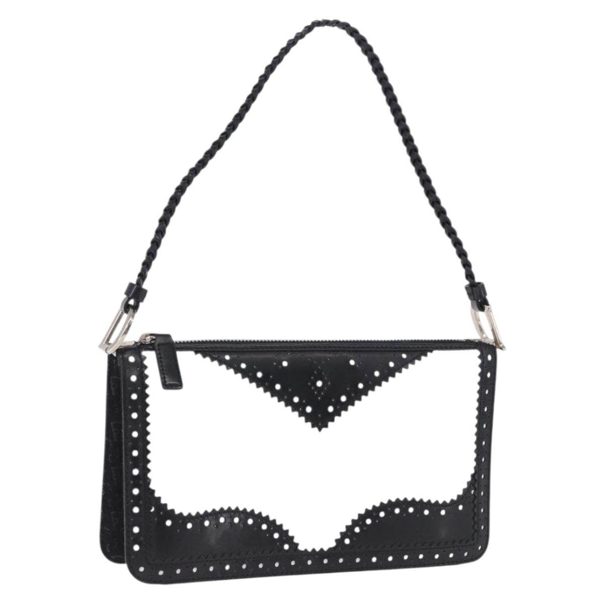 Christian Dior Hand Bag Patent Leather Black White Silver Auth 197758
