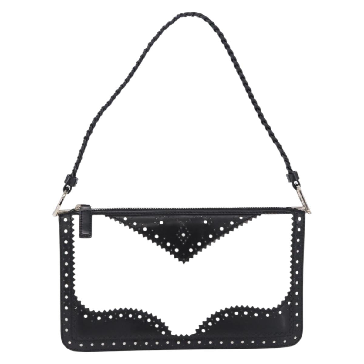 Christian Dior Hand Bag Patent Leather Black White Silver Auth 197758