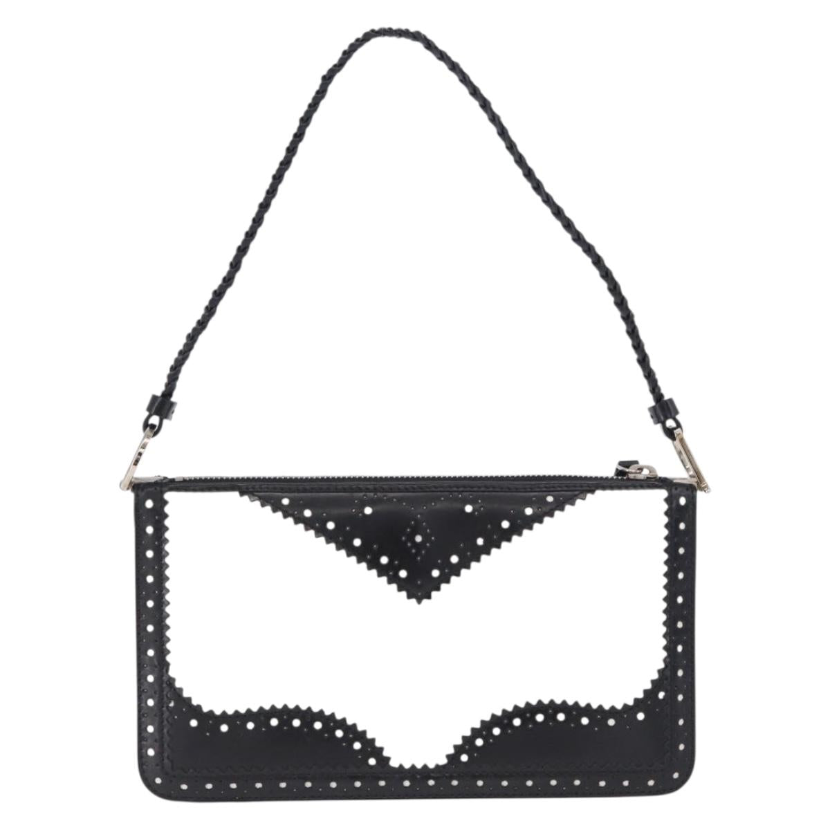 Christian Dior Hand Bag Patent Leather Black White Silver Auth 197758