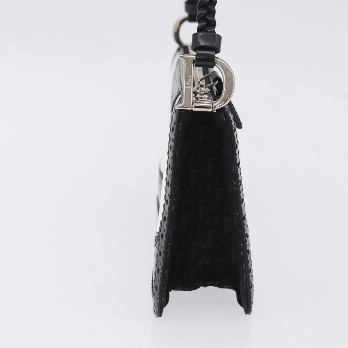 Christian Dior Hand Bag Patent Leather Black White Silver Auth 197758