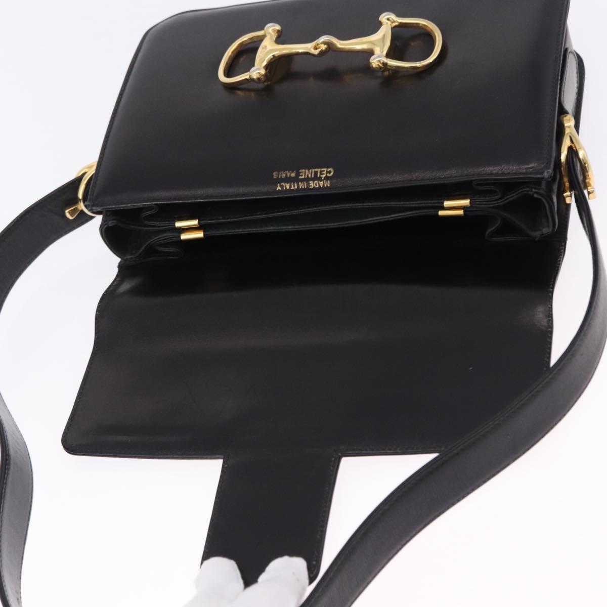 CELINE Horsebit Shoulder Bag Leather Black Gold Auth 197762A