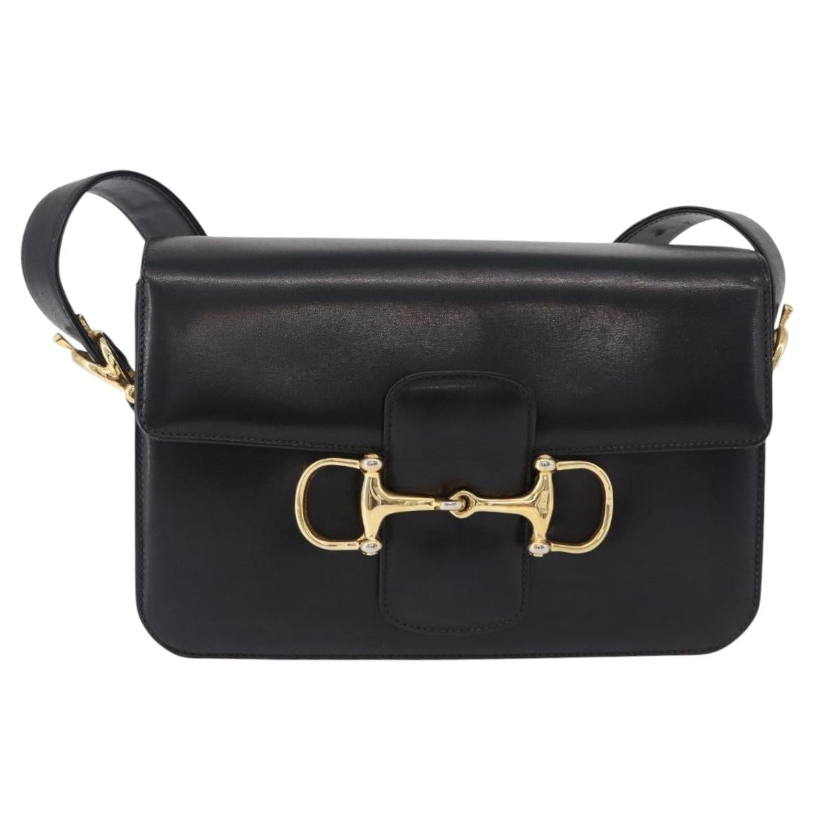 CELINE Horsebit Shoulder Bag Leather Black Gold Auth 197762A