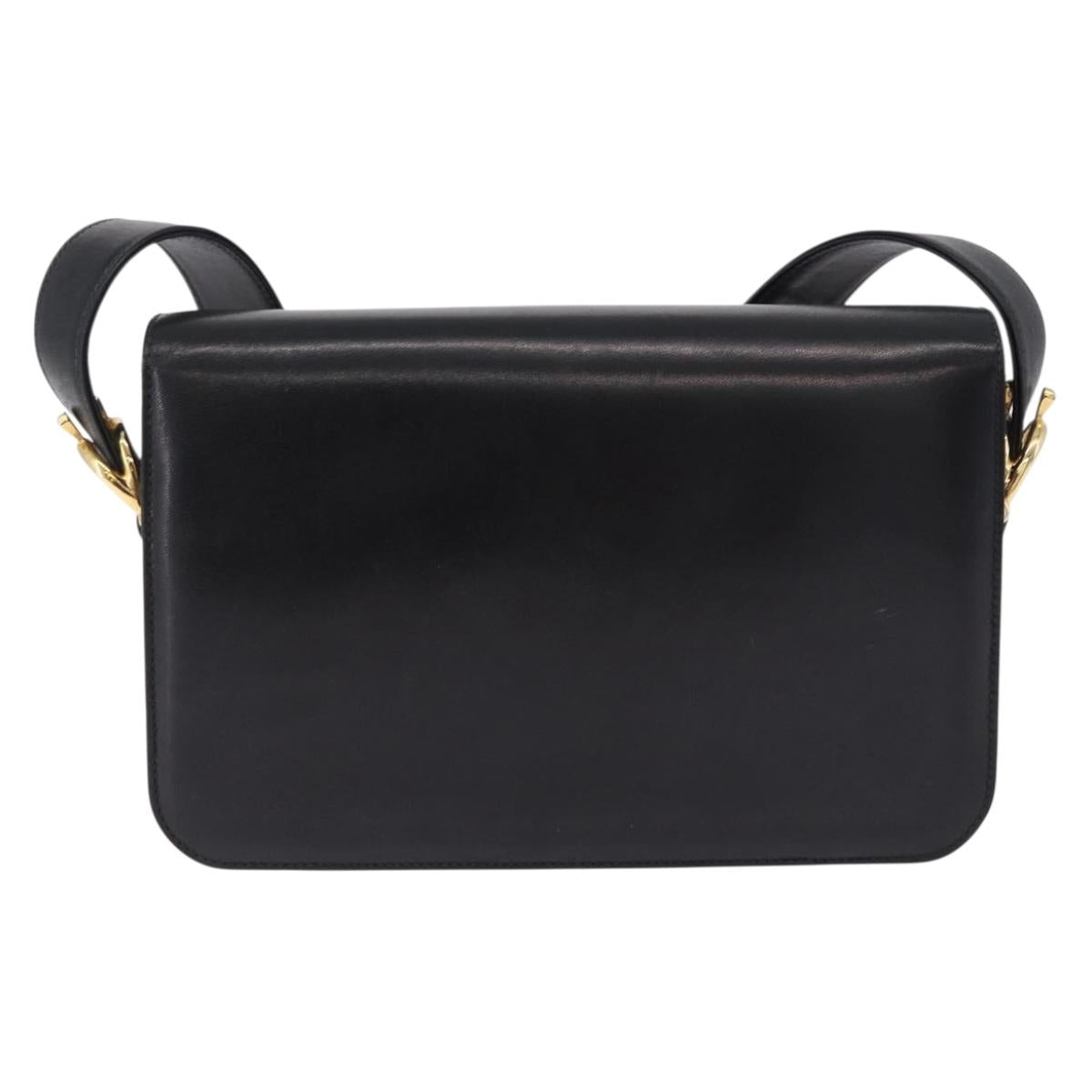 CELINE Horsebit Shoulder Bag Leather Black Gold Auth 197762A